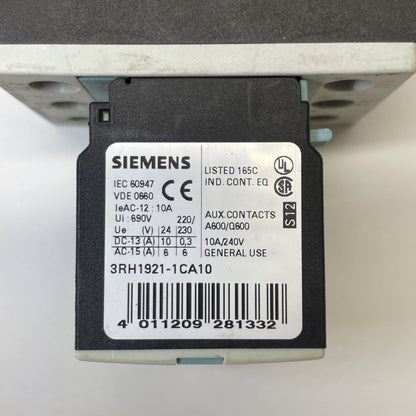 Siemens 3RT1025-1B..0 Contactor w/ 3RH1921-1CA10 Aux Contact Block