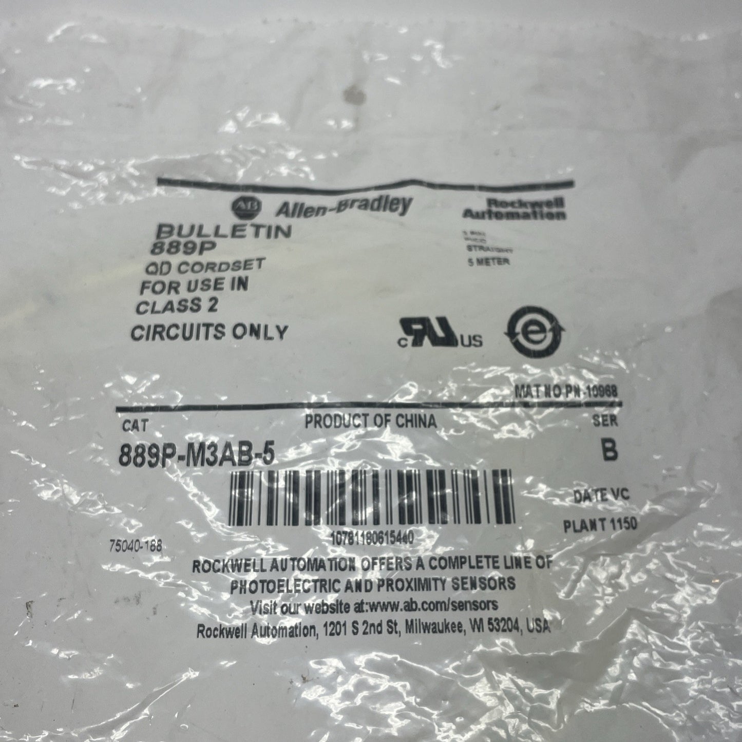 Allen-Bradley 889P-M3AB-5 (5m) 3-Pin Male Straight Pico Cordset Cable