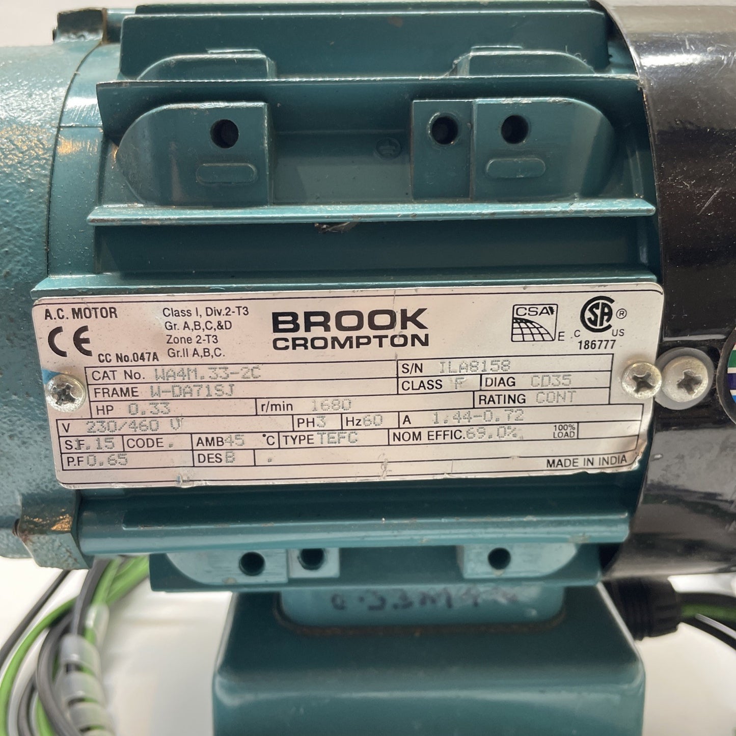 Brook Crompton WA4M.33-2C 0.33HP AC Motor 3PH 230/460V  W-DA71SJ Frame 1680 RPM
