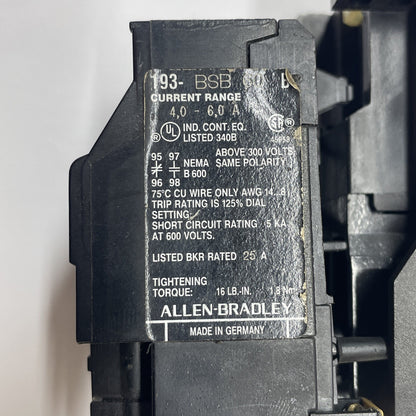 ALLEN BRADLEY 4.0-6.0 AMP MOTOR STARTER OVERLOAD 100-A18ND3 + 193-BSB 60