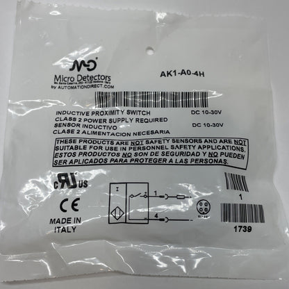 MD MICRO DETECTORS Inductive Proximity Switch AK1-A0-4H  DC 10-30V (NEW)