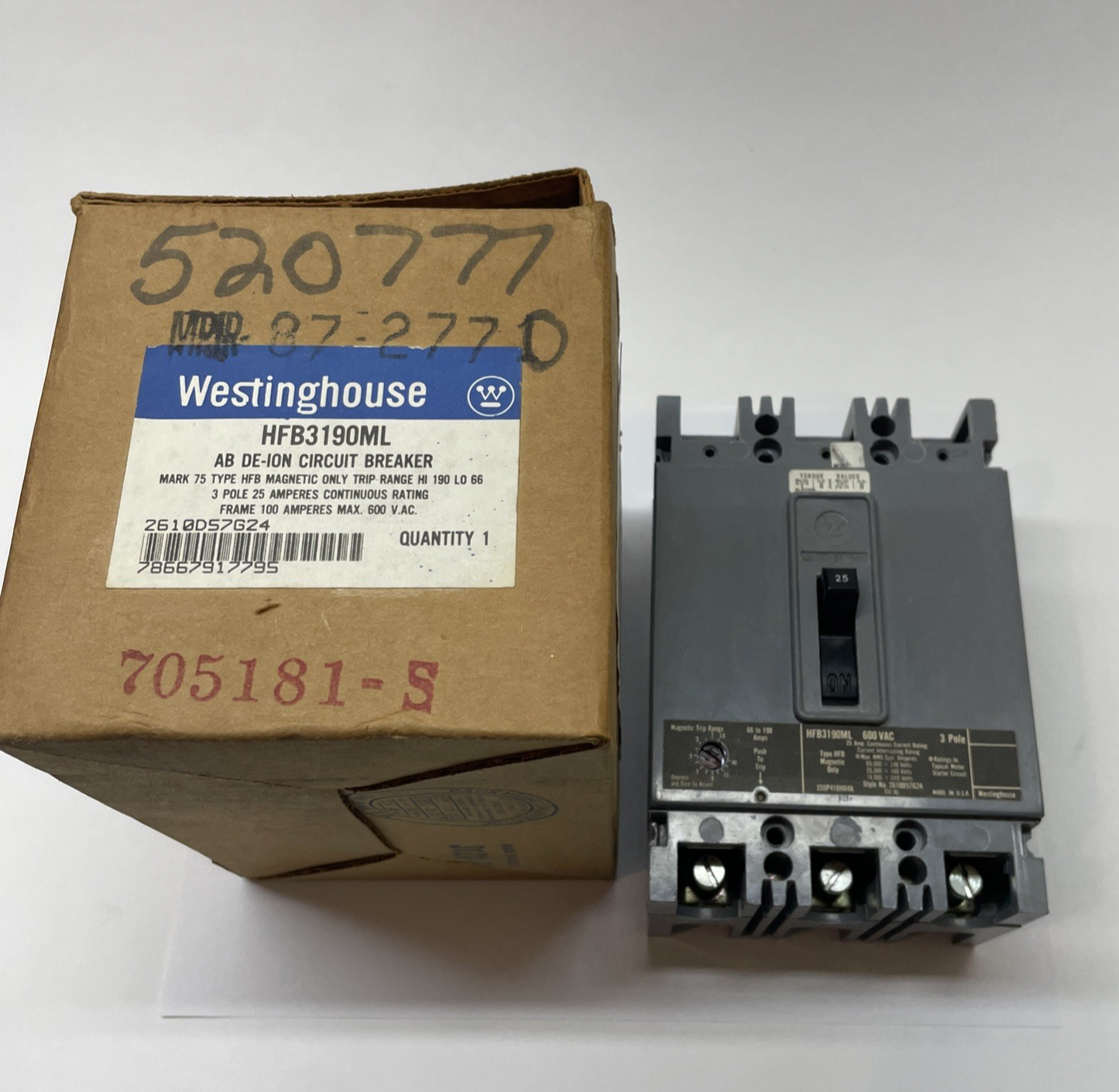 WESTINGHOUSE HFB3190ML 3-Pole 25A 600 VAC Mark 75 Molded Case Circuit Breaker