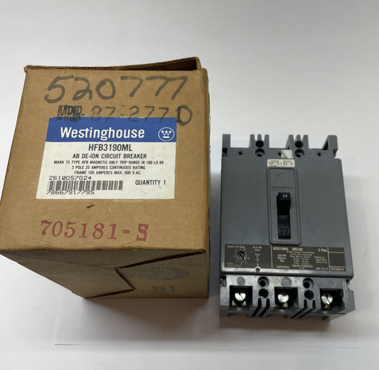 WESTINGHOUSE HFB3190ML 3-Pole 25A 600 VAC Mark 75 Molded Case Circuit Breaker
