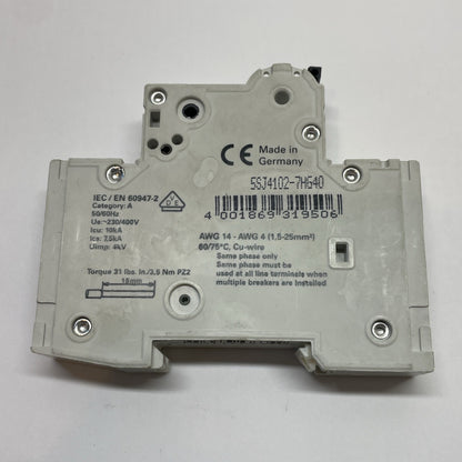 SIEMENS 5SJ41 Miniature Circuit Breaker 1-Pole 2A Overcurrent Protection