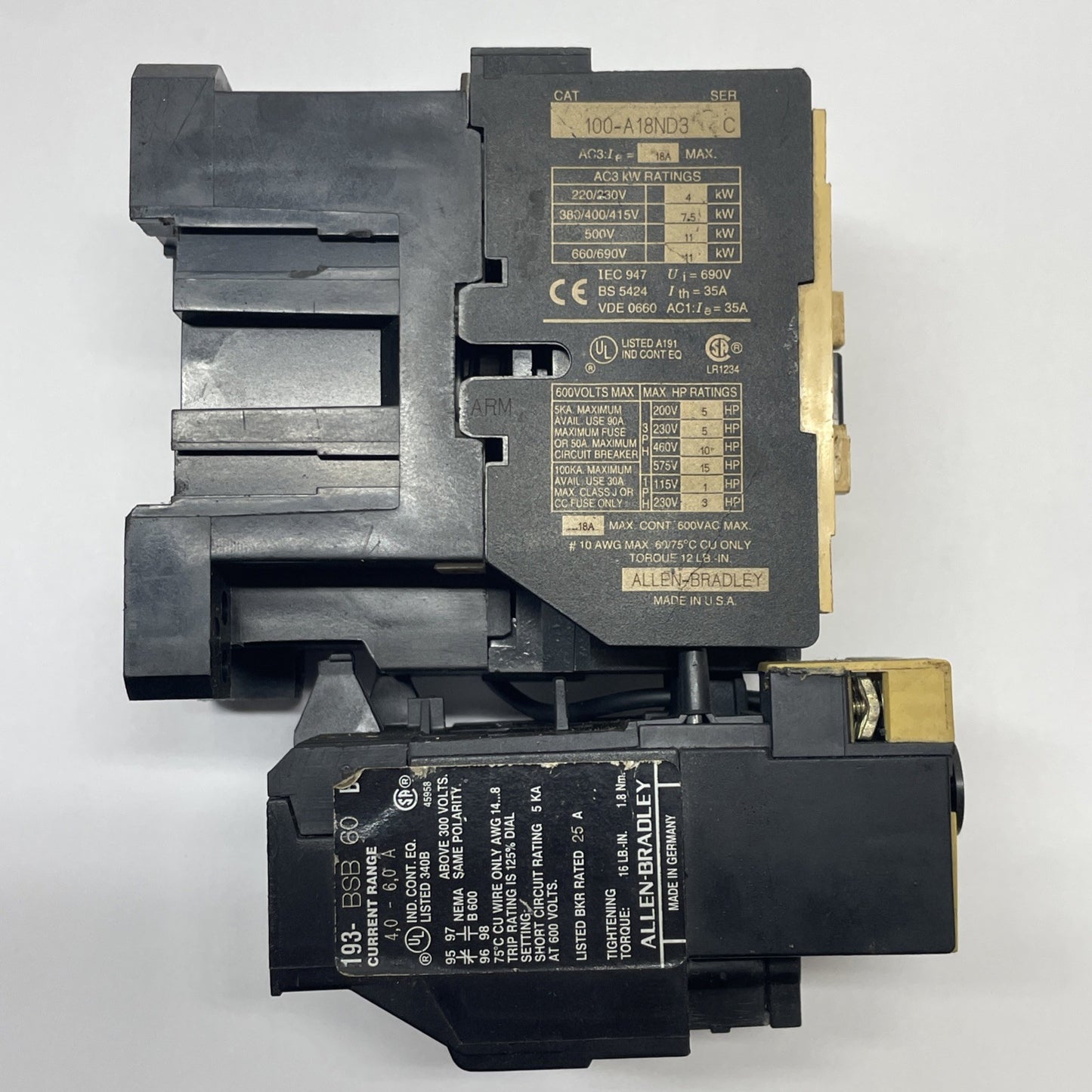 ALLEN BRADLEY 4.0-6.0 AMP MOTOR STARTER OVERLOAD 100-A18ND3 + 193-BSB 60