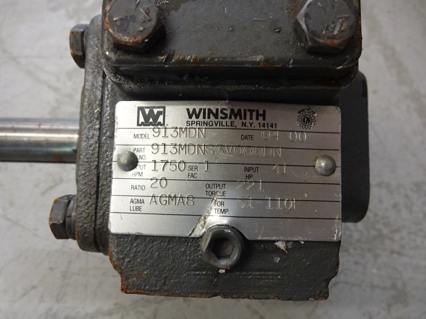 WINSMITH 913MDN / 913MDNS3V000DN / RPM 1750 / HP 41 RATIO 20:1 OUTPUT 221 AGMA8