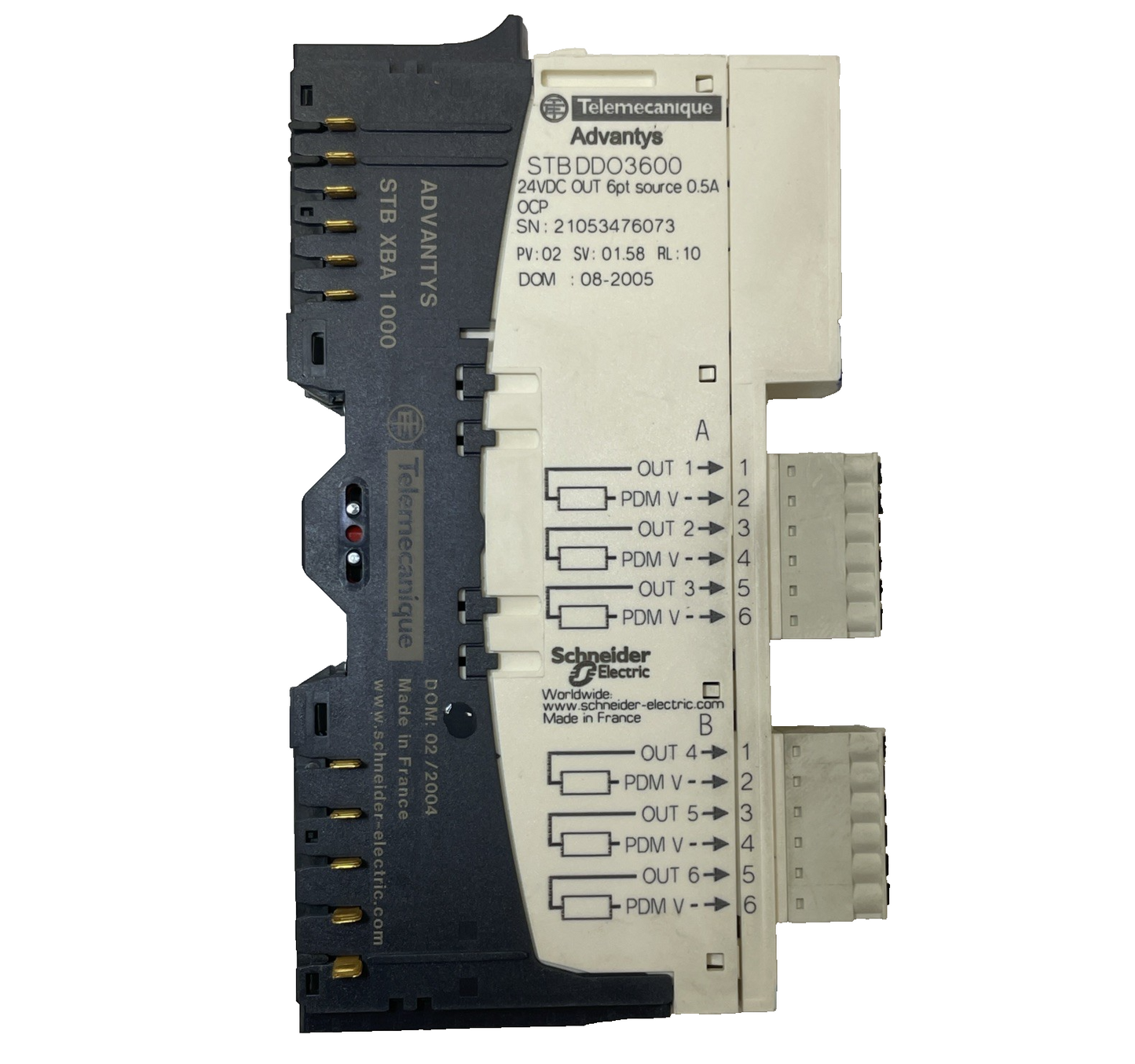 Schneider STBDDO3600 Digital Output Module 24VDC 6Pt Source w/ STB XBA 1000 BASE