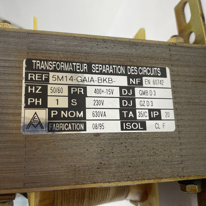 Transformer 5M14-GAIA-BKB 630VA Isolation Transformer 400V to 230V Industrial