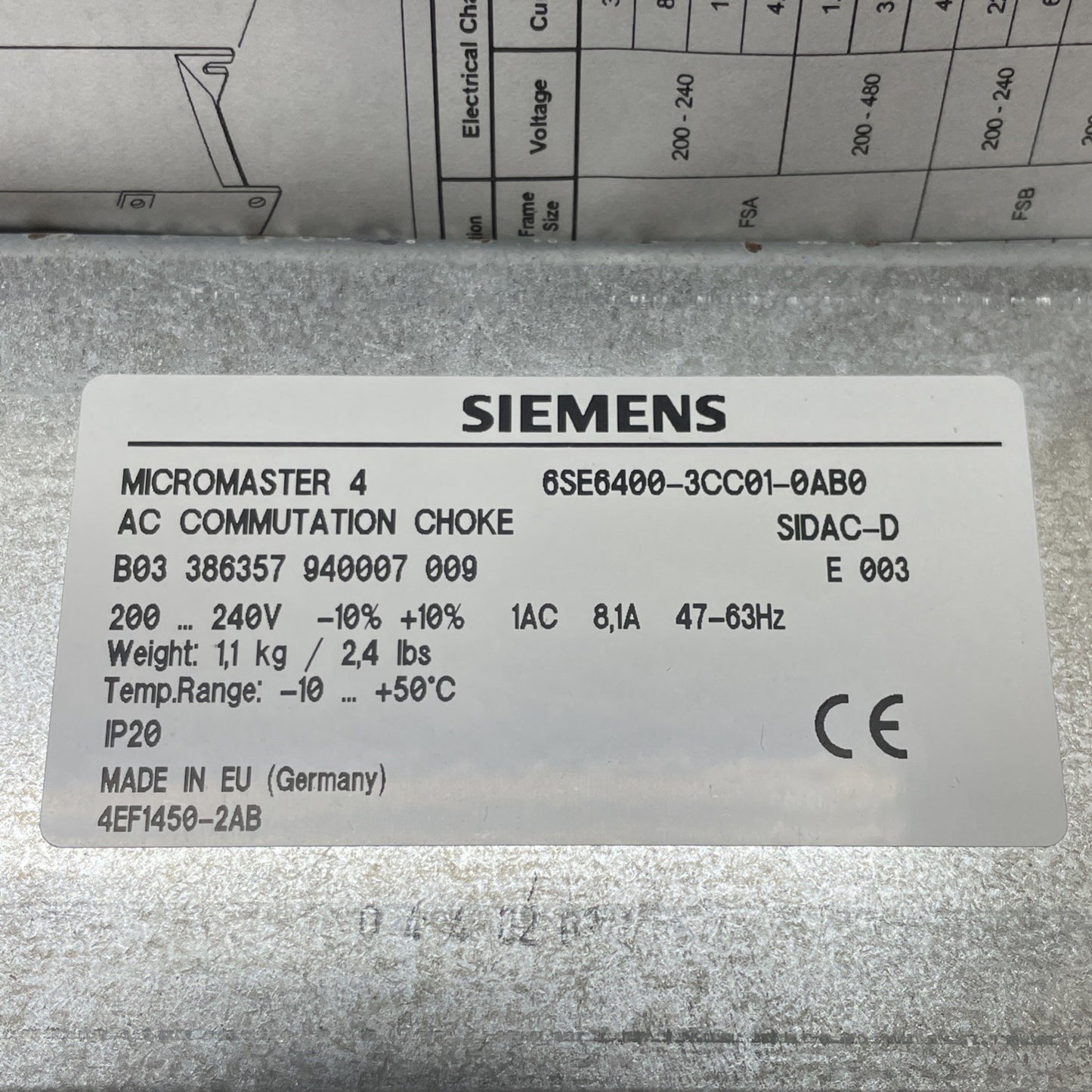SIEMENS 6SE6400-3CC01-0AB3 Micromaster 4 AC Commutation Choke 200-240V