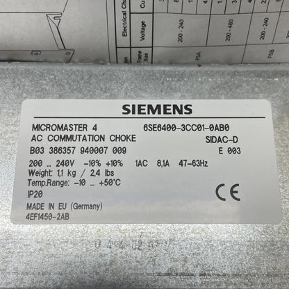SIEMENS 6SE6400-3CC01-0AB3 Micromaster 4 AC Commutation Choke 200-240V
