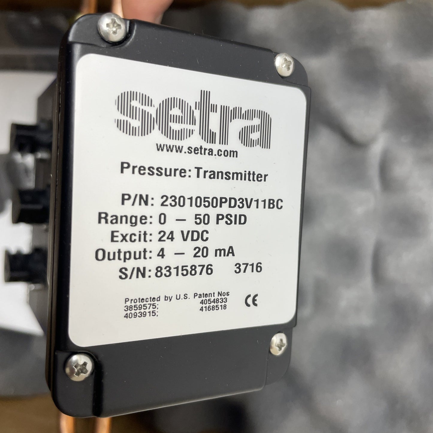 Setra 2301050PD3V11BC  0-50 PSI DP Transmitter 4-20mA Viton 3-Valve Manifold