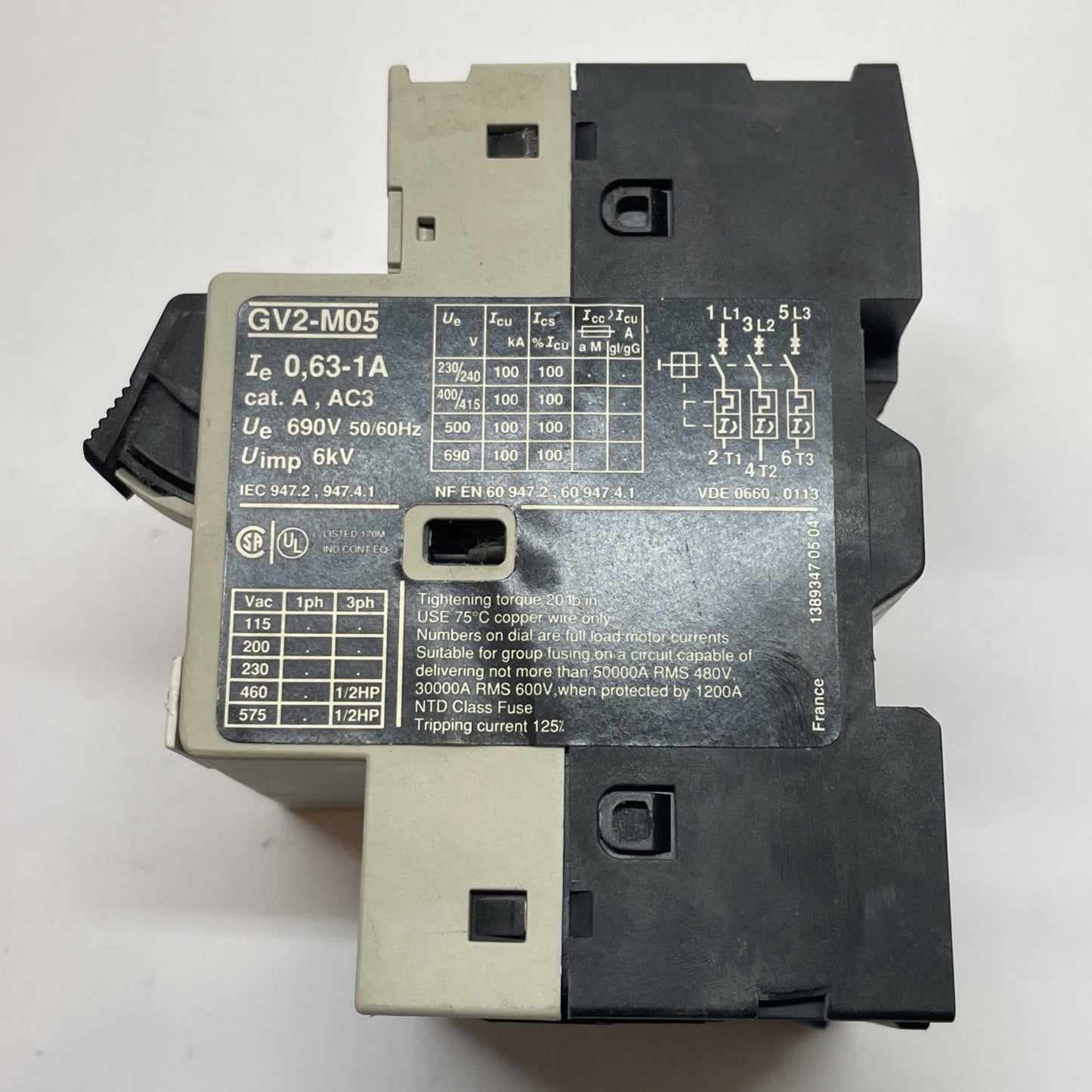 Telemecanique GV2-M05 Motor Circuit Breaker 0.63-1A Thermal Magnetic w/ GV2-AN11