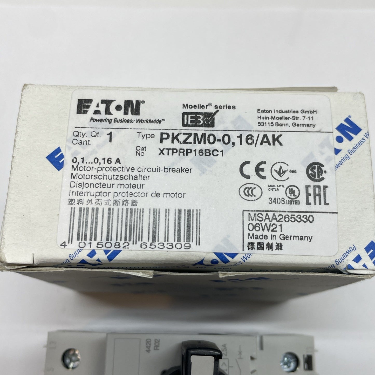 Eaton PKZM0-0,16/AK Motor Protective Circuit Breaker 0.16A 3P XTPRP16BC1
