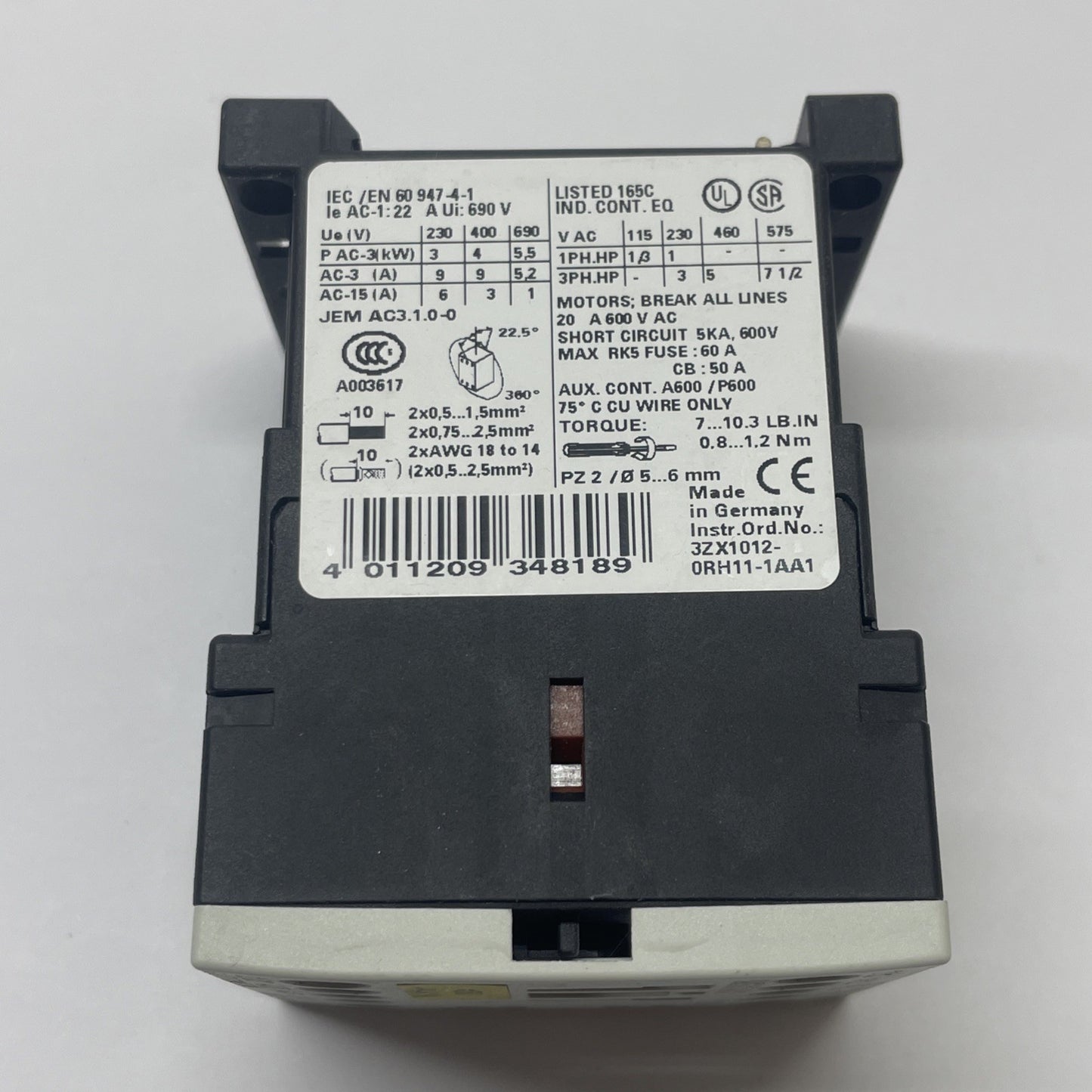 Siemens 3RT1016-1AK62 Contactor 3-Pole, 120 V AC Coil