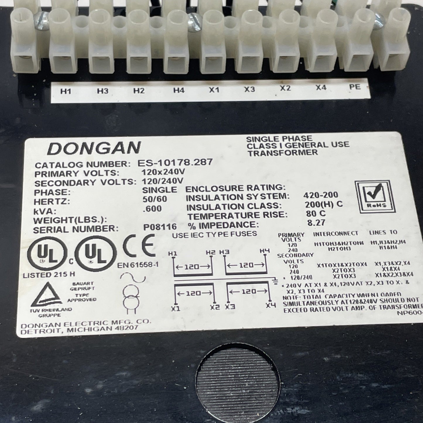 Dongan ES-10178.287 Control Transformer 0.600 kVA 120/240 V