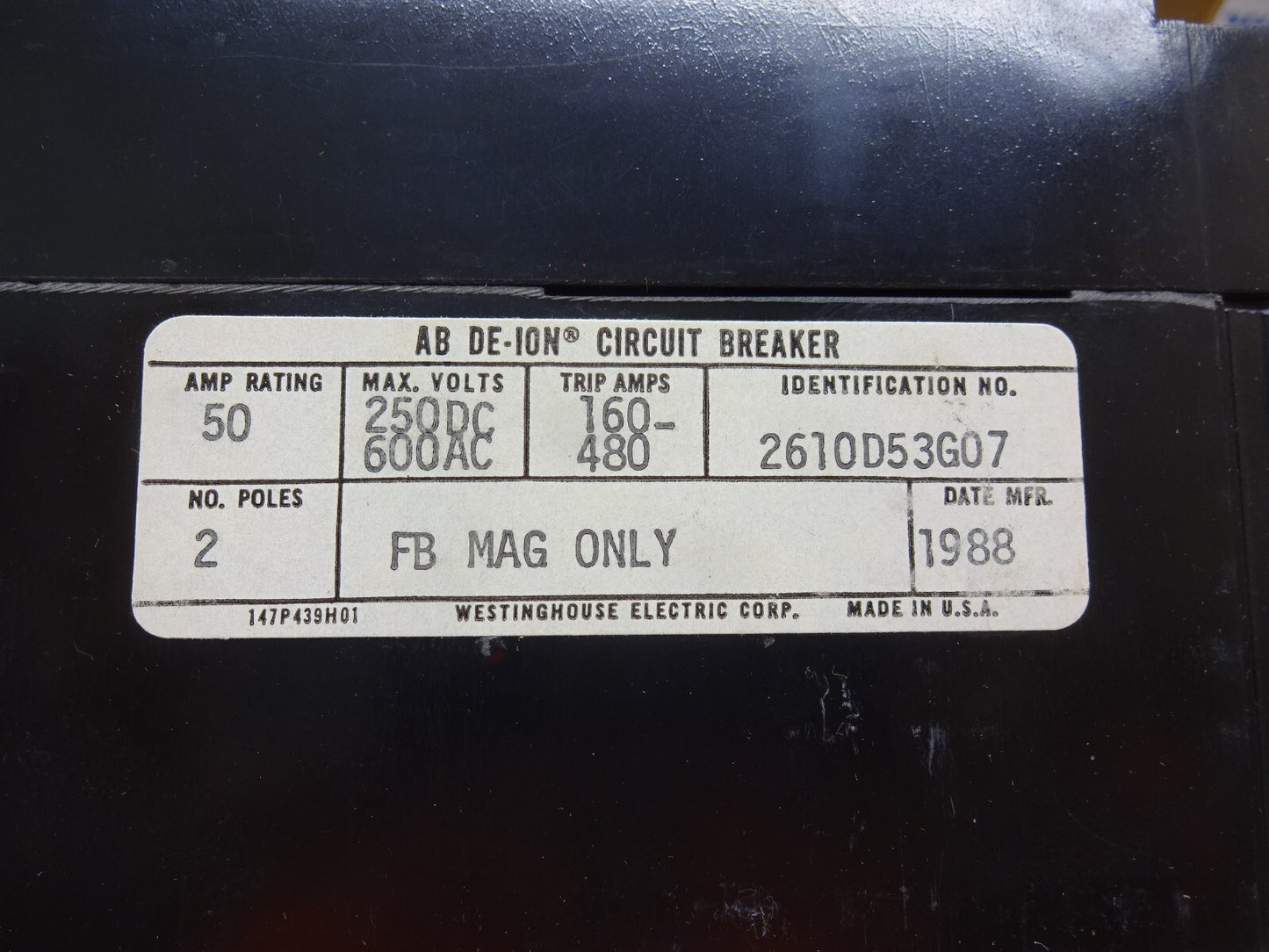 WESTINGHOUSE FB2480MRL / 2610D53G07 / BREAKER 50A 250DC 600AC 2 POLE / NEW
