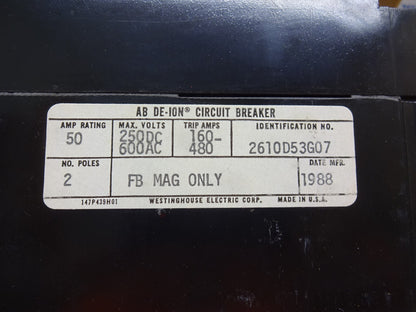 WESTINGHOUSE FB2480MRL / 2610D53G07 / BREAKER 50A 250DC 600AC 2 POLE / NEW