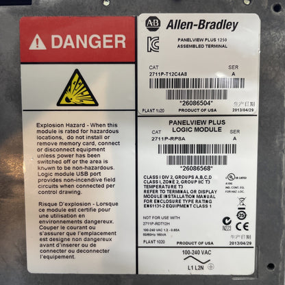 Allen-Bradley PanelView Plus 1250 HMI 2711P-RDT12C /C + 2711P-RP8A Logic Module