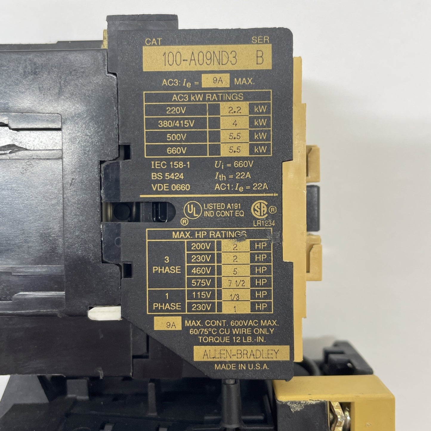 ALLEN BRADLEY 100-A09ND3 SER. B Contactor with 193-BSB 30 Overload Relay