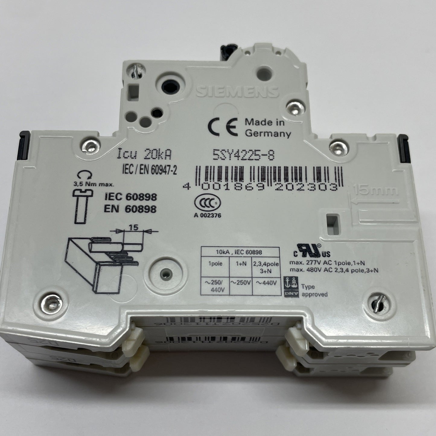 Siemens SENTRON 5SY4 225-8  2-Pole Miniature Circuit Breaker 25A 400V D-Curve