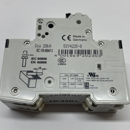 Siemens SENTRON 5SY4 225-8  2-Pole Miniature Circuit Breaker 25A 400V D-Curve