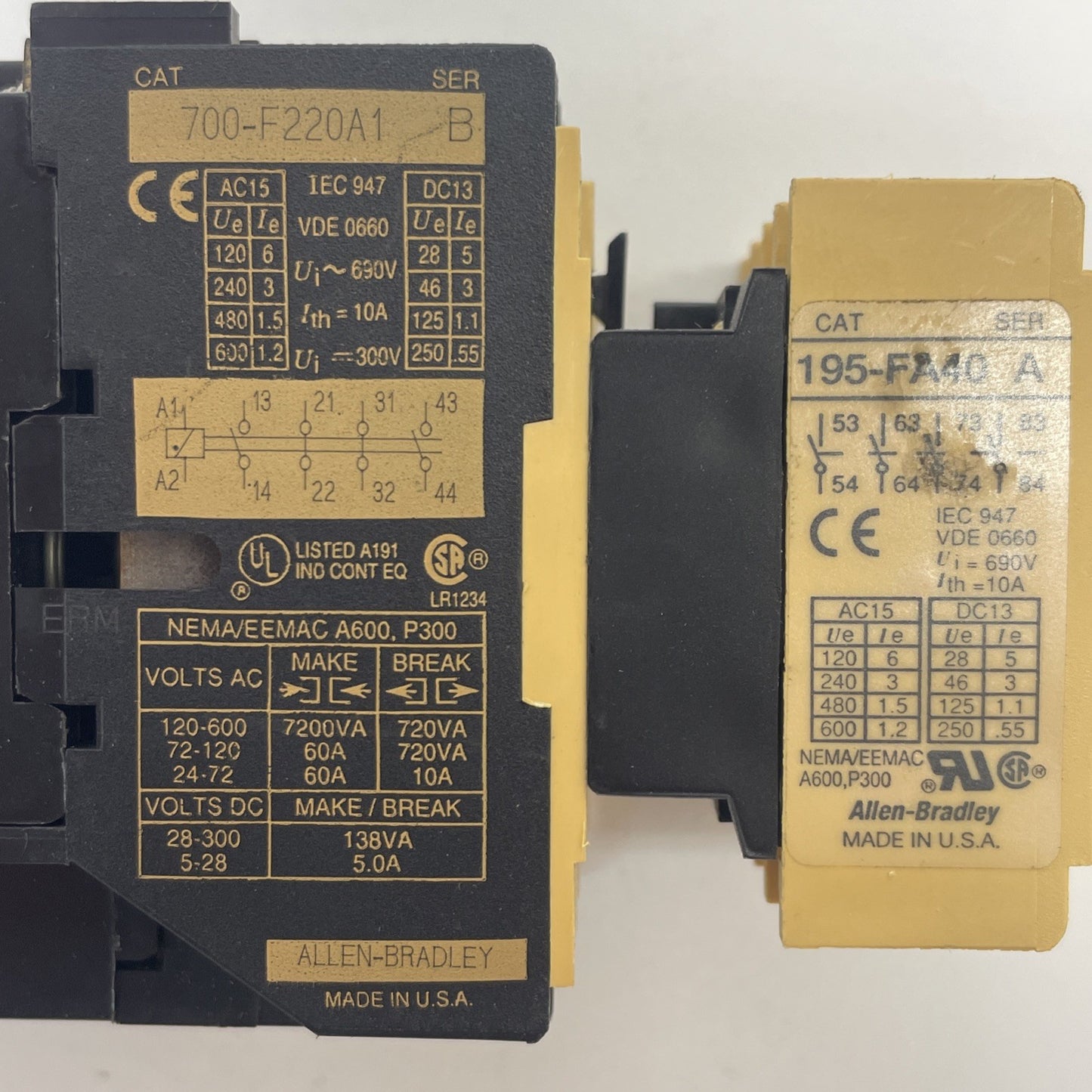 Allen-Bradley 700-F220A1 Contactor with 195-FA40 Contact Block