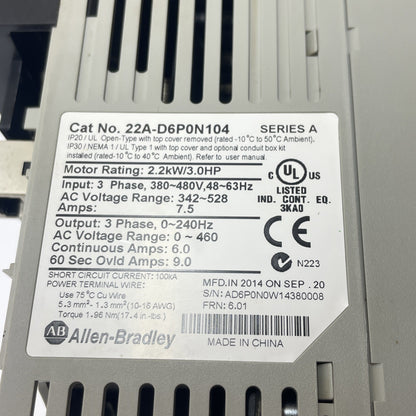 Allen Bradley 22A-D6P0N104 /A PowerFlex 4 AC Drive 480 VAC 3PH 2.2kW / 3HP