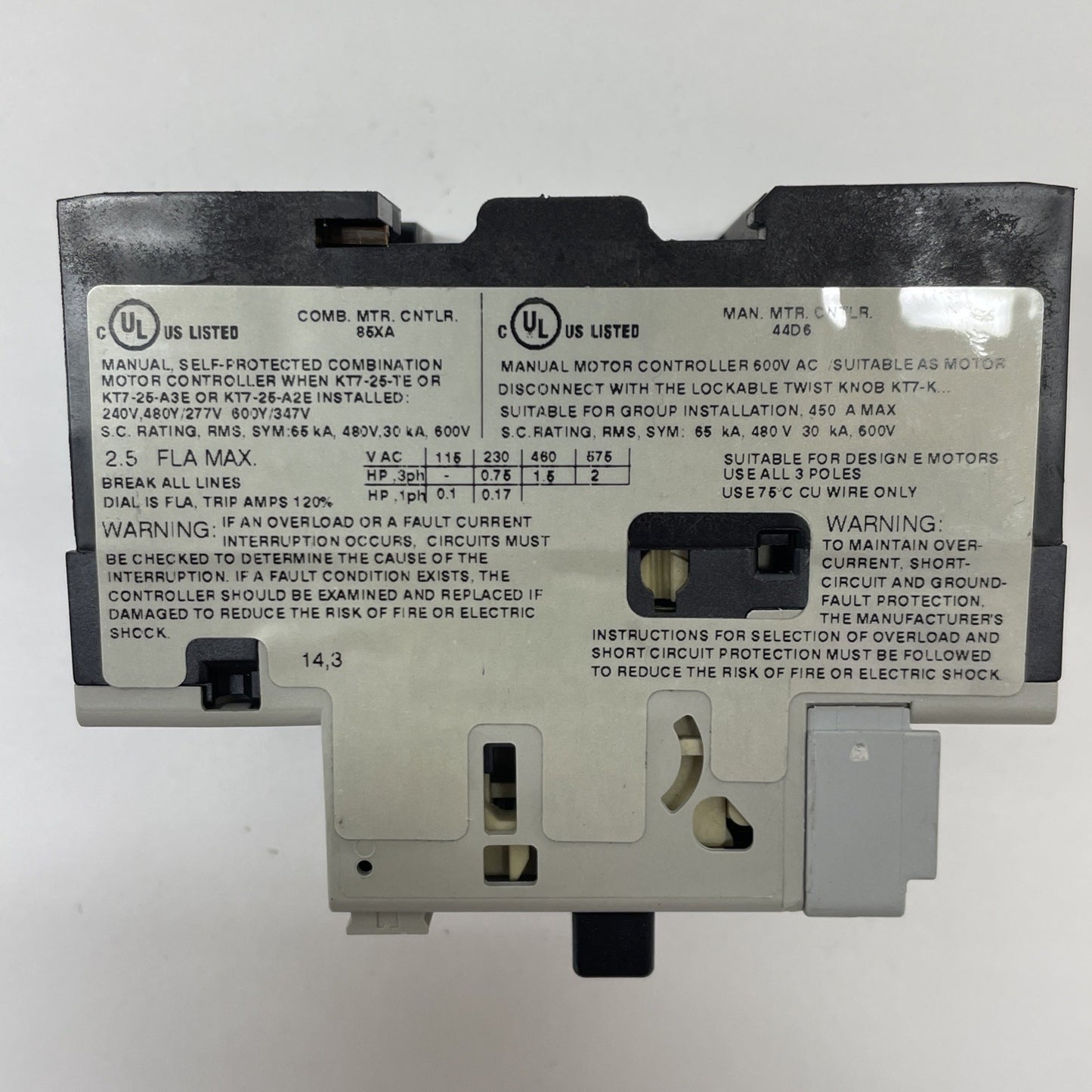 Sprecher + Schuh KTA7-25S-2.5A 3-Pole Manual Motor Starter 1.6-2.5A KTA7-25S