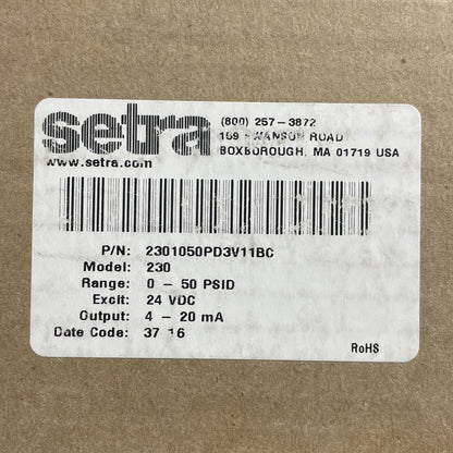 Setra 2301050PD3V11BC  0-50 PSI DP Transmitter 4-20mA Viton 3-Valve Manifold