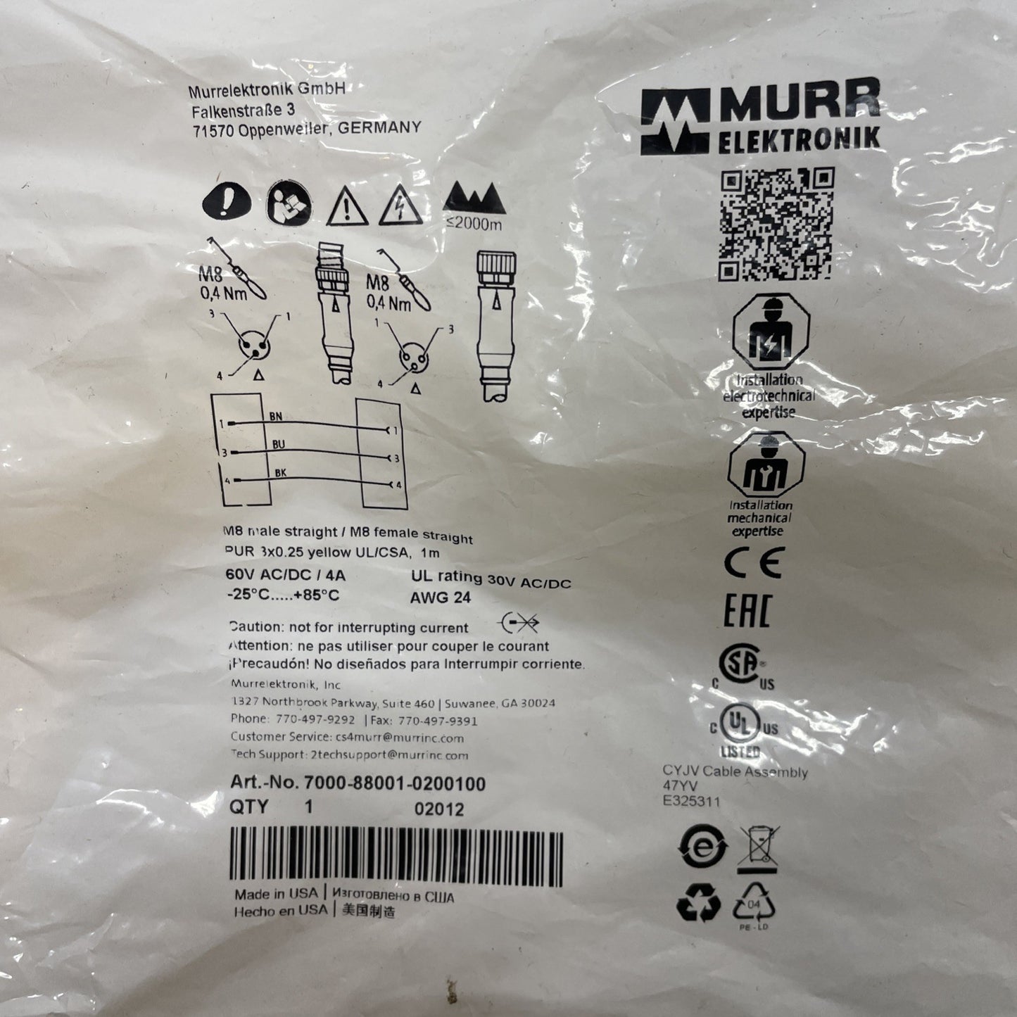 MURR ELEKTRONIK 7000-88001-0200100 M8 Male to M8 Female Straight 3-Pole Cable 1M