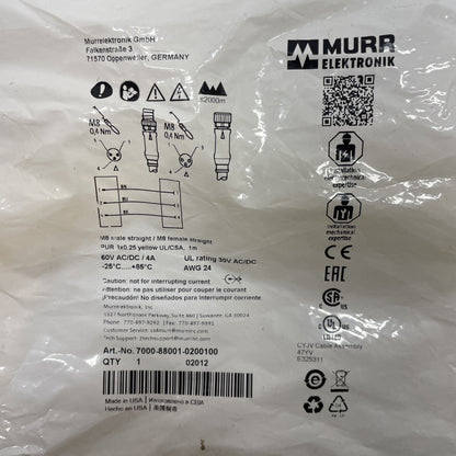 MURR ELEKTRONIK 7000-88001-0200100 M8 Male to M8 Female Straight 3-Pole Cable 1M