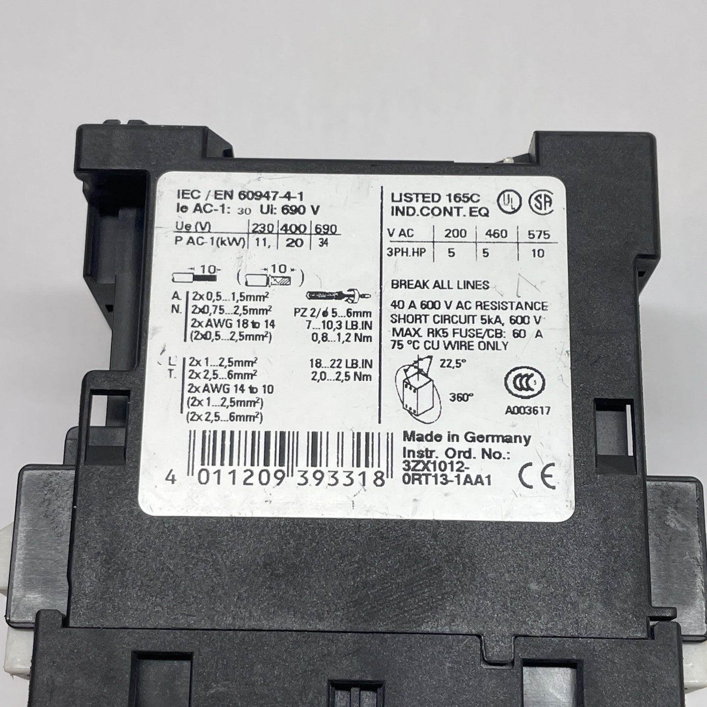 Siemens Sirius 3RT1325-1B, Motor Contactor w/ 3RH1921-1FA22 Contactor