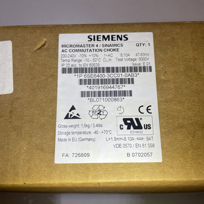 NEW SIEMENS 6SE6400-3CC01-0AB3 Micromaster 4 / Sinamics AC Commutation Choke