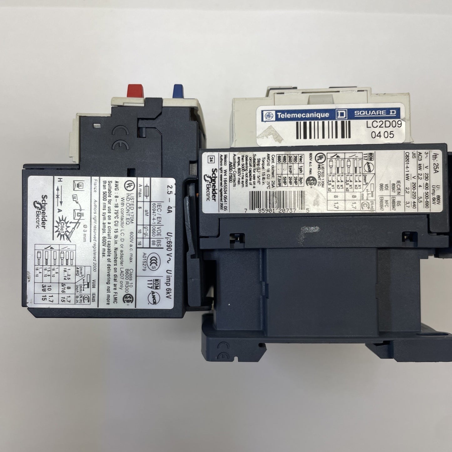 Telemecanique LC2D09 Reversing Contactor w/ LRD08 Overload Relay 2.5–4A