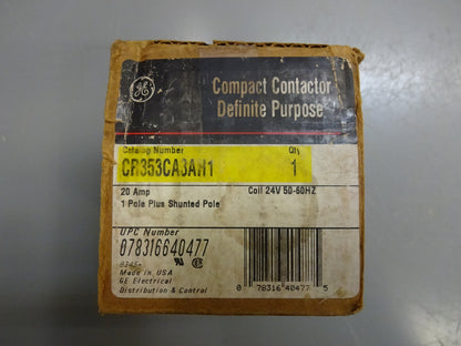 GE CR353CA3AH1 COMPACT CONTACTOR 20A 1 POLE PLUS SHUNTED POLE COIL 24V 50-60HZ