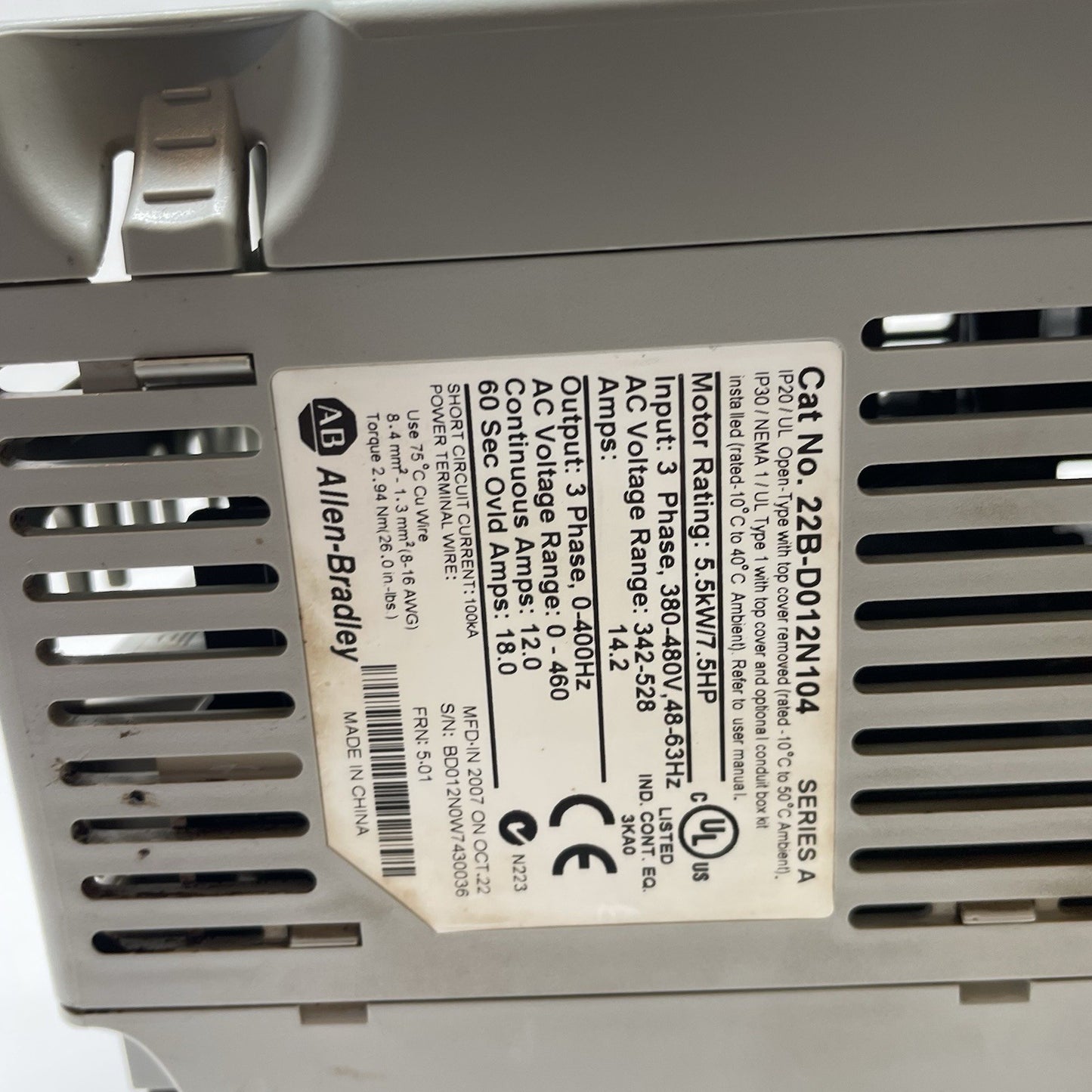 Allen-Bradley 22B-D012N104 /A PowerFlex 40 AC Drive 480V 3PH 12A 7.5HP