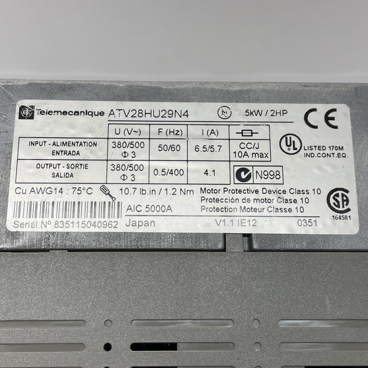 Schneider Electric ATV28HU29N4 Altivar 28 1.5 kW 400-500 VAC Speed Drive