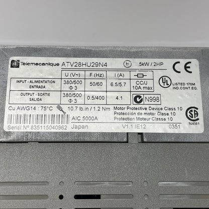 Schneider Electric ATV28HU29N4 Altivar 28 1.5 kW 400-500 VAC Speed Drive