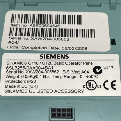 SIEMENS 6SL3255-0AA00-4BA1 SINAMICS G110 / G120 Basic Operator Panel